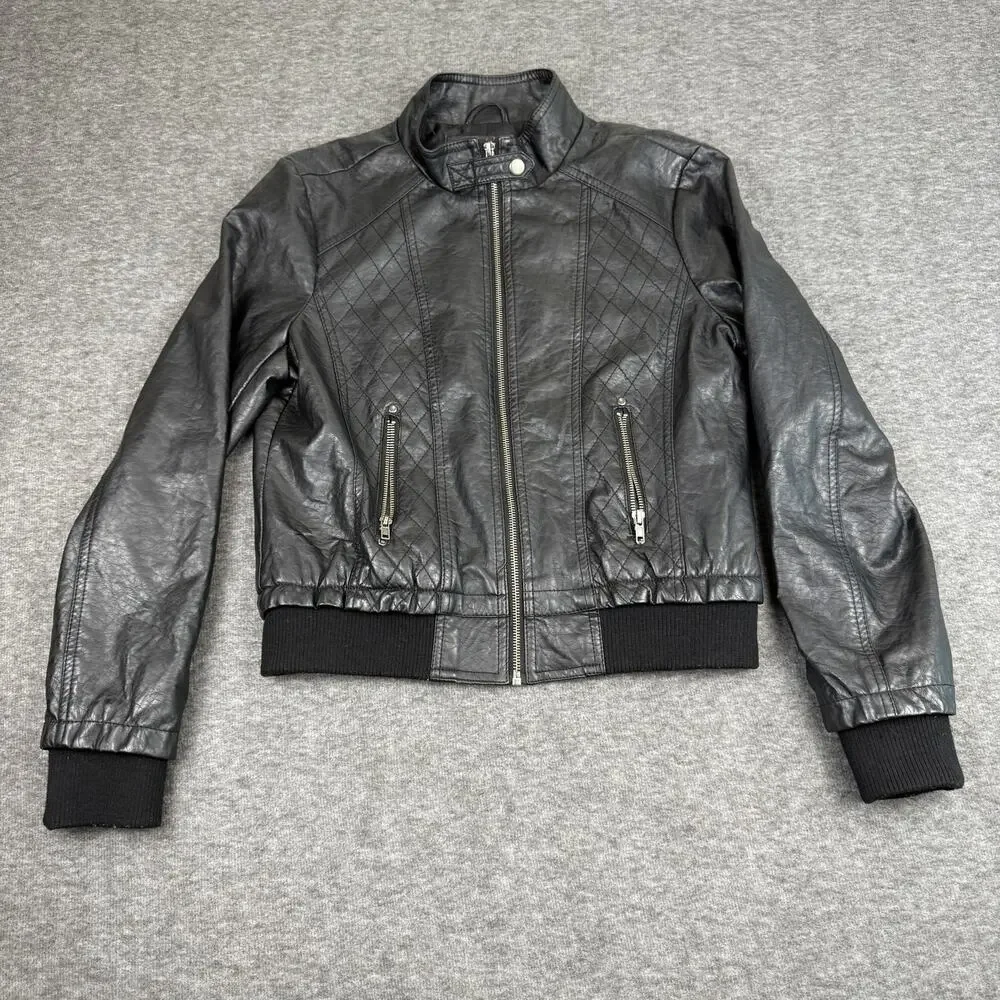 Lapis Women’s Faux Leather Moto Bomber Jacket Black Quilted size Large Edgy